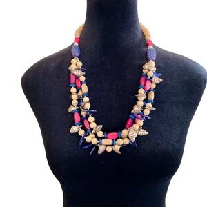 Bohemian Multi Strand Wood Bead Shell Charm Statement Necklace Mermaidcore Beach